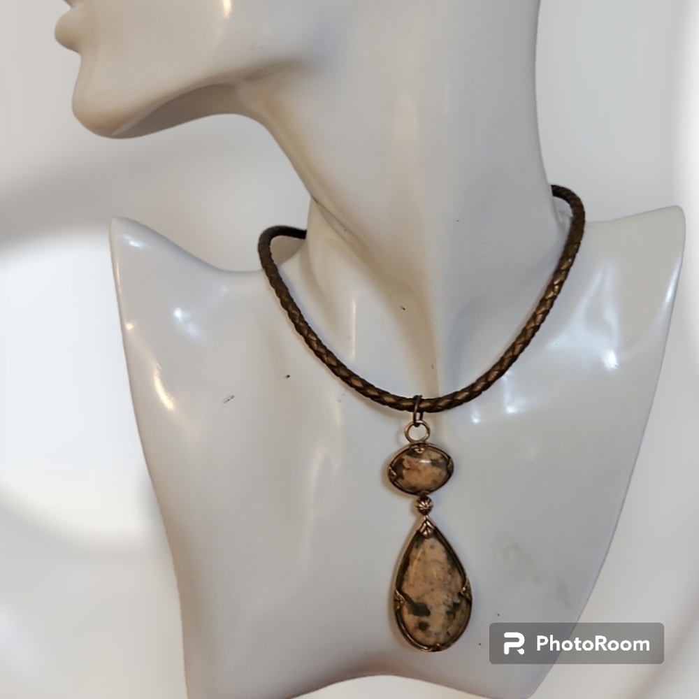 BARSE Interchangeable Jasper Turquoise Pendant Bronze Leather Cord Necklace - Picture 2 of 11